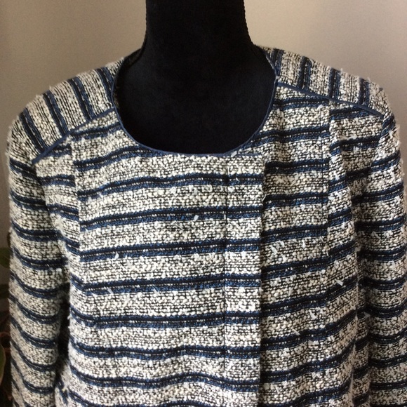 Loft Sweater Jacket Asymmetrical Denim Trim Blue - Picture 7 of 8